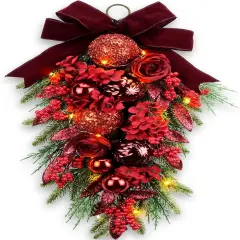 24" Decorative Teardrop Swag, Artificial Christmas Swag with Red Hydrangea & Baubles, Purple Bowknot, Red Berries, Sparkling Leaves, Pine Needles (Red Hydrangea)