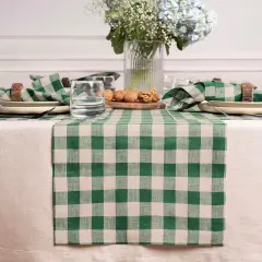 Checkered Linen Table Runner 60 inch - 100% Pure Linen Green and Natural Plaid Table Runner 14 x 60 Inch Ideal for Dresser and Coffee Tables - Morgan Check