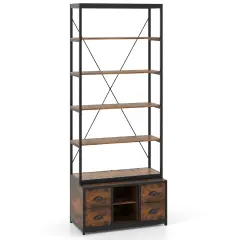 Rustic Brown 8-tier Bookshelf with 4 Fabric Drawers and Heavy-Duty Metal Frame