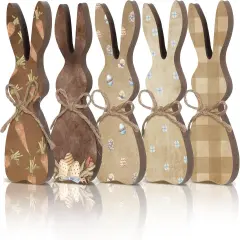 5 Pcs Easter Bunny Wooden Signs Bunny Decor Rustic Easter Tiered Tray Decor Easter Rabbit Table Sign with Colorful Bows Freestanding Easter Table Decorations for Easter Spring Party(Classic)