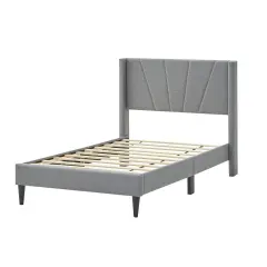 Platform Bed Frame with Linen Upholstered Wing-back Headboard and Solid Wood Legs