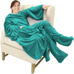 Wearable Fleece Blanket with Sleeves and Foot Pockets for Adult Women Men, Micro Plush Comfy Wrap Sleeved Throw Blanket Robe Large, Green, St. Patrick Gift