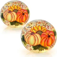 Set of 2 Lighted Pumpkin Crackle Glass Balls 6&rsquo;&rsquo; 4.7&rsquo;&rsquo; LED Night Light Globe Lamps with Warm White LED Battery Powered for Home Party Wedding Women&rsquo;s Gift