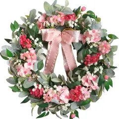 22&rdquo; Artificial Flower Wreath,Hydrangea Lamb's Leaves Wreath Spring/Summer Floral Wreaths with Ribbon Bow for Front Door Wall Window and Holiday Festival Party Banquet Wedding Decor