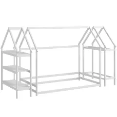 Twin Size Montessori Floor House Bed with Detachable Storage Shelves White
