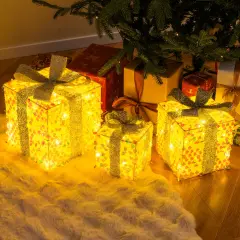 Set of 3 Christmas Lighted Gift Boxes with Pre-lit 90 LED Light and Bows