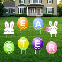 8-Pack Large Easter Decorations Outdoor Yard Signs with Stakes-16 Inch-Weatherproof-Easter Bunny Egg Yard Signs-Waterproof Garden Lawn Walkway Decoration for Easter Outside