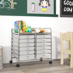 12 Removable Drawers Rolling Storage Cart with 4 Universal Wheels and Metal Frame Transparent