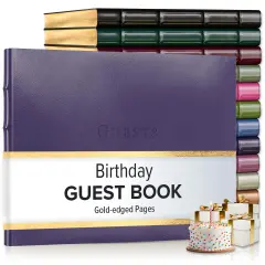 Gallery Leather Birthday Guest Book for Party Celebrations - Hardcover, Bound Leather Sign in Guest Book with 192 Lined Pages for Messages & Photos - 7" x 9" Camden Violet