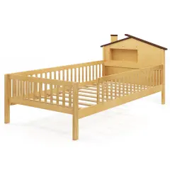 Wood Montessori Twin Bed with House-shaped Headboard, Guardrails, Built-in Storage Shelf Natural
