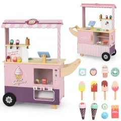 Colorful Wooden Ice Cream Truck Pretend Play Set for Toddlers with Vending Machine, Interactive Role-Playing Toy Pink