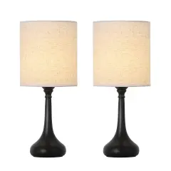 Set of 2 Modern Black Table Lamps &ndash; Compact Nightstand Lamps with Fabric Shade for Bedroom, Office, and Living Room