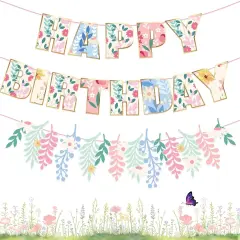3PCS Wildflower Happy Birthday Banner Pre-strung No DIY Floral Flower Theme Birthday Banner Spring Happy Birthday Banner Flower Banner Garland for Girls Women