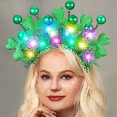 St Patrick's Day Headband Light Up Green Shamrock Hair Band Ball Irish Headwear Costume Accessories for Women and Girls