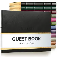 Gallery Leather Guest Book Special Events, add Photos, 192 Lined Pages, Bonded Leather, Hardcover, Gold-Gilded, Guestbook Monhegan black