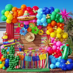 Mexican Fiesta Party Decorations, 144pcs Cinco De Mayo Balloon Arch Garland Kit, Cactus Llama Sombrero Explosion Star Foil Balloons Kit for Taco Twosday Carnival Baby Shower Birthday Party