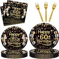 96Pcs 60th Happy Birthday Tableware Set Black Gold Disposable Paper Plates and Napkins with Forks Back in 1965 Birthday Party Decorations Supplies for Men Women, Serve 24