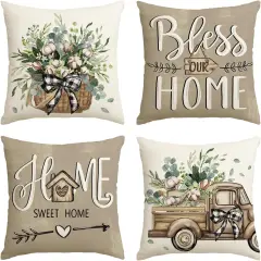 Bless Our Home Farmhouse Eucalyptus Leaves Throw Pillow Covers, 18 x 18 Inch Truck Home Sweet Home Cushion Case Decorations Set of 4