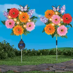 Collections Etc Solar Powered Gerber Daisies Outdoor Garden Stakes - Set of 2