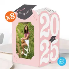Big Dot of Happiness Rose Gold 2025 Graduation Photo Holder Centerpieces, 4x6 Picture Display Box, Table Decoration Centerpiece for Pink Grad Party Decor, 8 Count