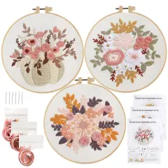 Embroidery Kit for Beginners, 3 Sets Stamped Cross Stitch Kits for Beginner, Floral Pattern Embroidery Starter Kits for Adults with Embroidery Hoop Instructions Threads and Needles Scissors