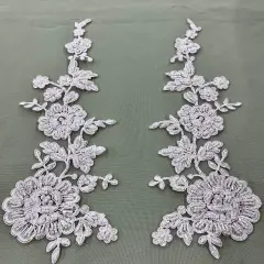 1 Pair Beaded & Corded Floral Lace 100% Polyester Net Mesh 13" x 3.5" Each Side IVORY