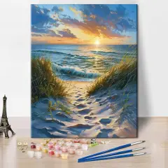 DIY Paint by Numbers for Adults - Beach Scene with Sunrise, Abstract Canvas Wall Art, 16x20 Inch