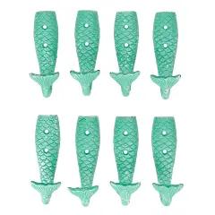 Set of 8 Cast Iron Mermaid Tail Wall Hooks Green Nautical Coastal Decor