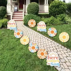 Big Dot of Happiness Here Comes the Son Outdoor Baby Shower Decorations, Retro Sun-Shaped Lawn Ornaments, Boy Boho Party Yard Signs - 10 Piece