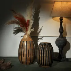 Wooden Decorative Handcrafted Accent Vase In Natural Wood Color