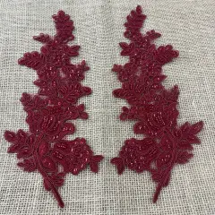 1 Pair Beaded & Corded Floral Lace Applique 100% Polyester Net Mesh 12" X 3.5" Each Side Wine Color