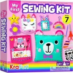 My First Sewing Kit for Beginner Kids Arts & Crafts, 7 Easy DIY Projects of Stuffed Animal Dolls and Plush Pillow Craft, Instructions & Felt, Gift for Girls, Boys, Learn to Sew, Embroidery