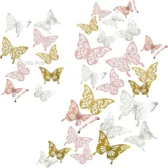 180 Pcs 3D Butterfly Wall Decor 3 Style Gold Silver Rose Gold Butterflies Sticker Decorations 3 Sizes Removable Wall Decals for Cake Decorating Wedding Birthday Party DIY Cosplay