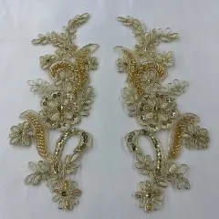 1 Pair Beaded & Corded Floral Lace Applique 9" x 2.5" Each Side Metallic Gold