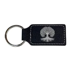 Keychain - Rectangle - Celtic Tree of Life - Leather Black/Silver