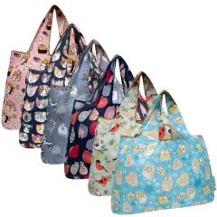 Wrapables Large Foldable Tote Nylon Reusable Grocery Bags, 6 Pack, Cozy Critters