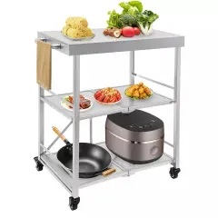 3 Tiers Utility Cart with Wheels Storage Shelf Kitchen Cart Fold Stainless Steel