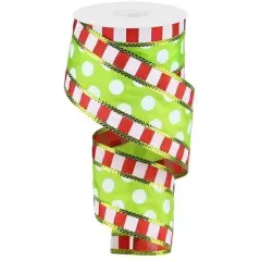 2.5" Striped Edge Polka Dot Ribbon: Red, Green & White (10 Yards)