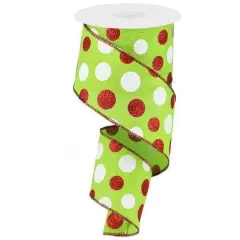 2.5" Multi Glitter Dots Ribbon: Lime Green, Red, White (10 Yards)
