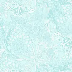 Light Aqua Dahlias at Dusk Tonal Floral & Butterflies Cotton 44"/45" Fabric Per Yard