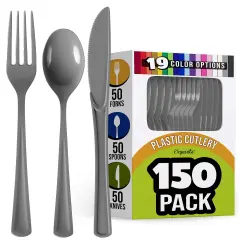 Exquisite Polished Plastic Silverware &ndash; 150 Pcs Heavy Duty Cutlery Set &ndash; 50 Each of Forks, Knives & Spoons &ndash; Disposable Utensil Set for Parties, Events & Catering &ndash; Flatware Set by Party Solids