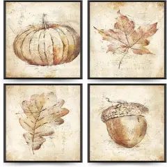 Set of 4 -Fall Wall Decor, Vintage Rustic Pumpkin Maple Leaf Pictures