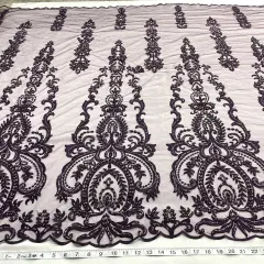 1 Yard Luxurious Beaded and Corded Bridal Lace Fabric Embroidered on 100% Polyester Net Mesh Blush 54" Width Plum