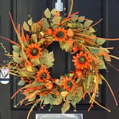 Fall Wreaths for Front Door, Soomeir 22 Inch Pumpkin Autumn Thanksgiving Wreath with Berries, Sunflower Wreath for Outdoor Outside Indoor Halloween Decorations