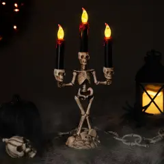 Northlight Dripping Flameless Candles Skeleton Halloween Candelabra - 14.5" - Amber Lights Beige