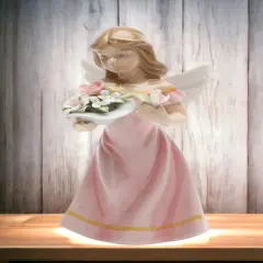 Ceramic Angel with Flowers in Pink Dress Figurine, Religious D&eacute;cor, Religious Gift, Church D&eacute;cor, Church Gift, Baptism Gift
