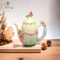 Ceramic Easter Rabbits Around Egg Shaped Teapot, Gift for Her, Gift for Mom, Tea Party D&eacute;cor, Caf&eacute; D&eacute;cor, Spring Decor, Farmhouse Decor