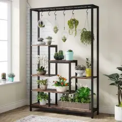 Brown Particle Board and Metal 5-Tier Indoor Ladder Plant Stand