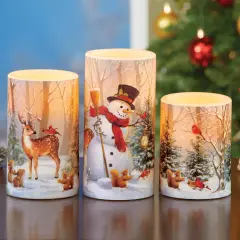 Collections Etc LED Lighted Winter Snowman and Friends Forest Scene 3-Piece Candle Set