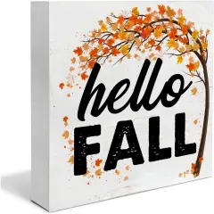 Hello Fall Square Wood Sign Tabletop Decor - 5 x 5 Inches